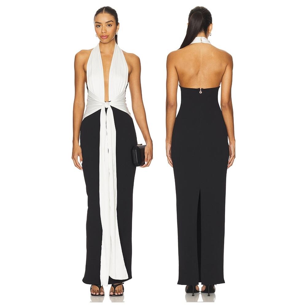 Nookie Chiara Halter Gown Colorblock Tie Front Formal Party Evening Event S
